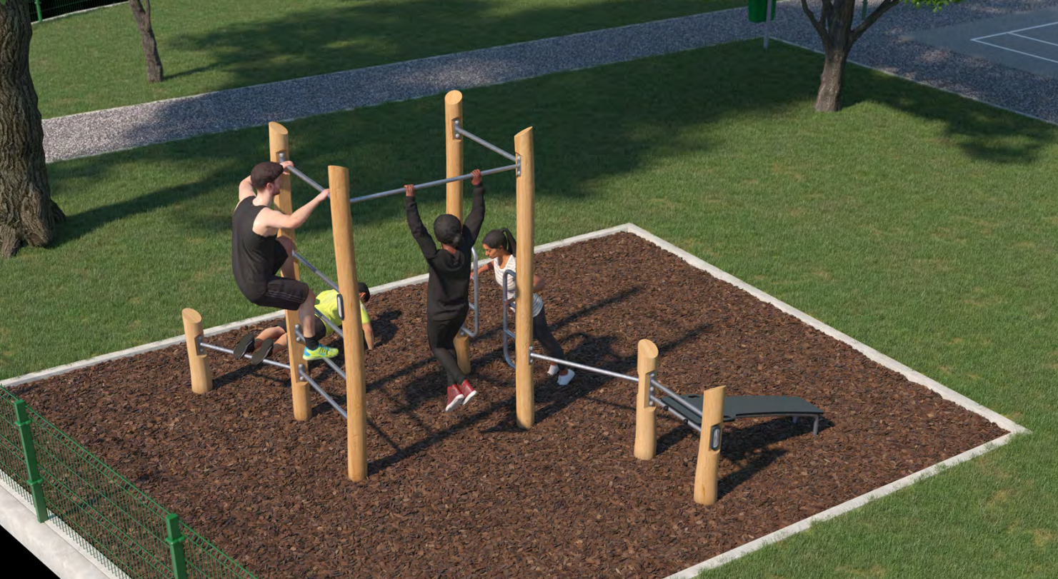 Een referentiebeeld van het ontwerp. Je ziet hierop de calisthenics opstelling.